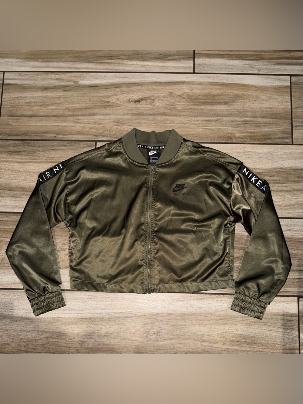 Nike Olive Green Satin Bomber Jacket with Branded Sleeves